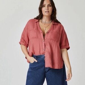 Pilcro Anthropologie Linen Surf Button Down Short Sleeve Top Women’s Size Medium